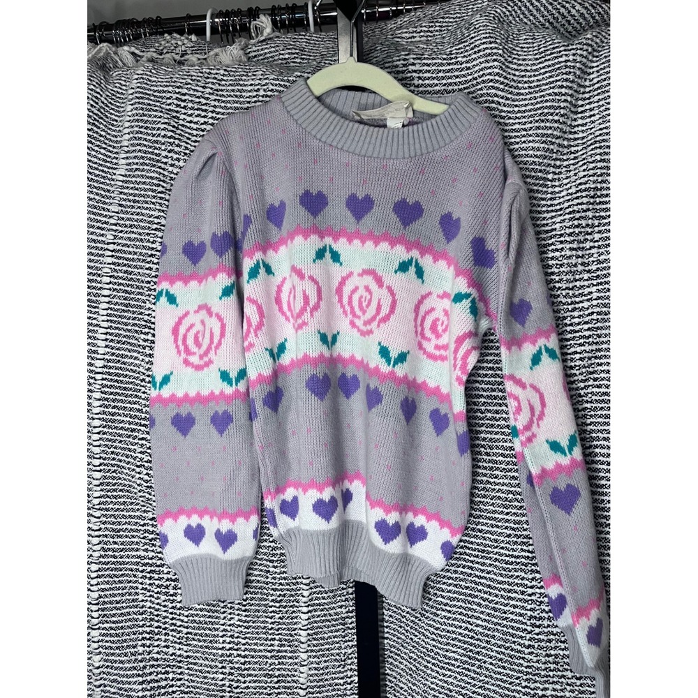 VTG Traverse Bay Woolens Sweater Children's Gray Pink Purple‎  Knit